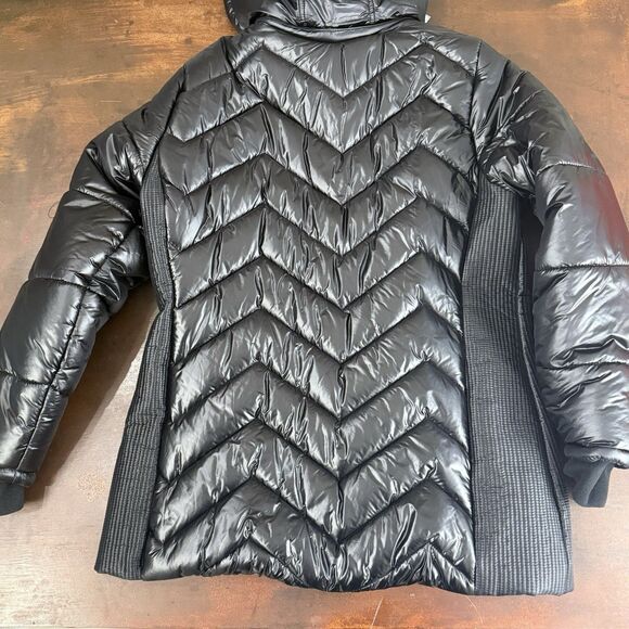 Justice puffer jacket black shimmer water resistant removable hood pockets - Picture 2 of 16